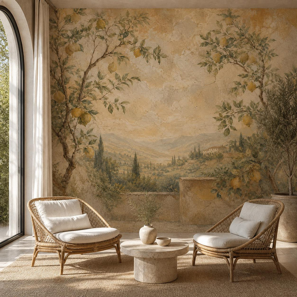 Lemon tree botanical mural in a cozy dining room setting with warm lighting and Mediterranean style furniture