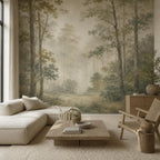 Misty forest wallpaper in sage green tones creating a serene woodland wall mural for quiet luxury bedroom decor