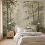 Foggy forest wall mural with soft neutral landscape tones perfect for organic modern living room styling