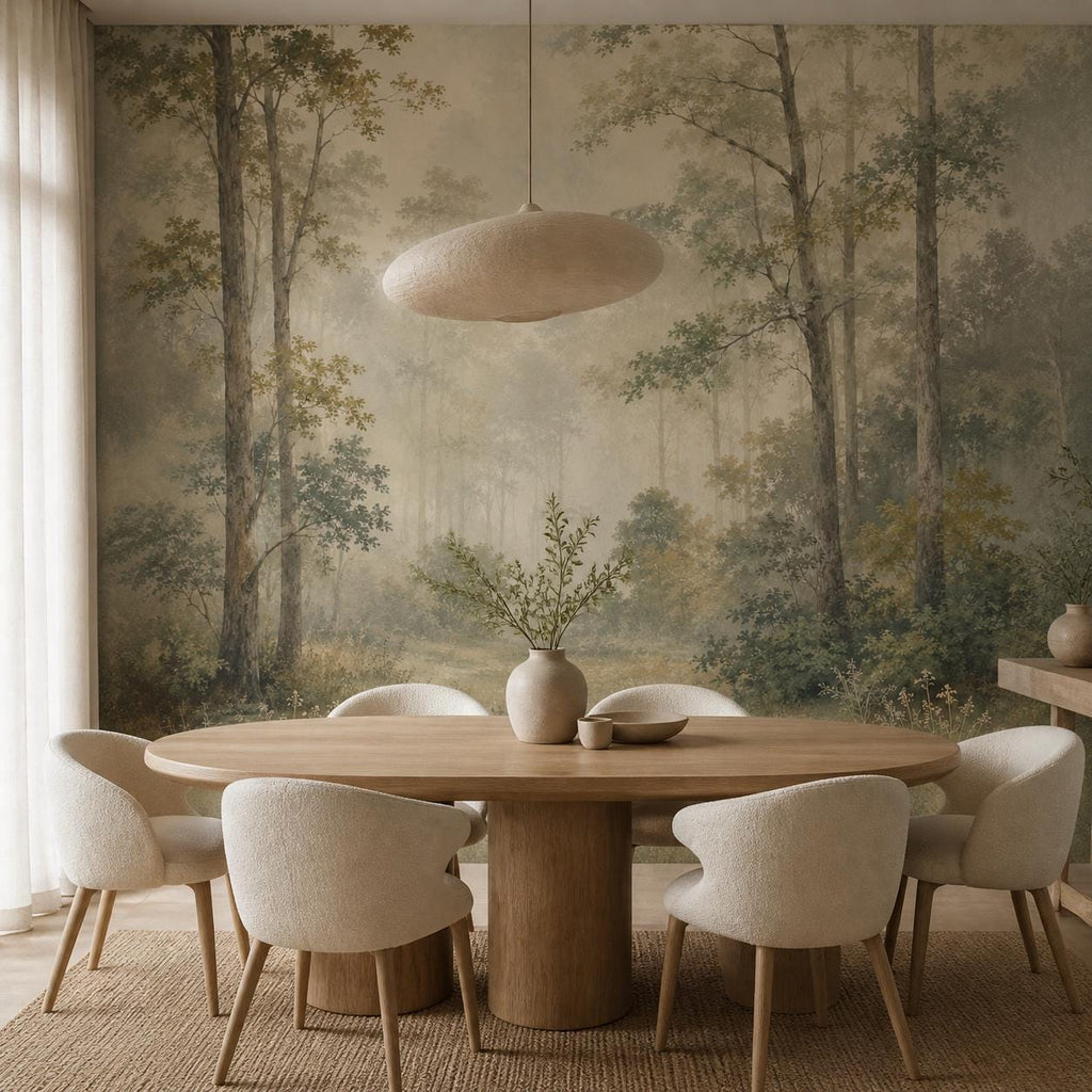 Full wall view of calming forest wallpaper mural with fog drifting through tall woodland trees