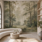 Misty woodland wallpaper styled in a cozy reading nook with warm lighting and natural wood furniture