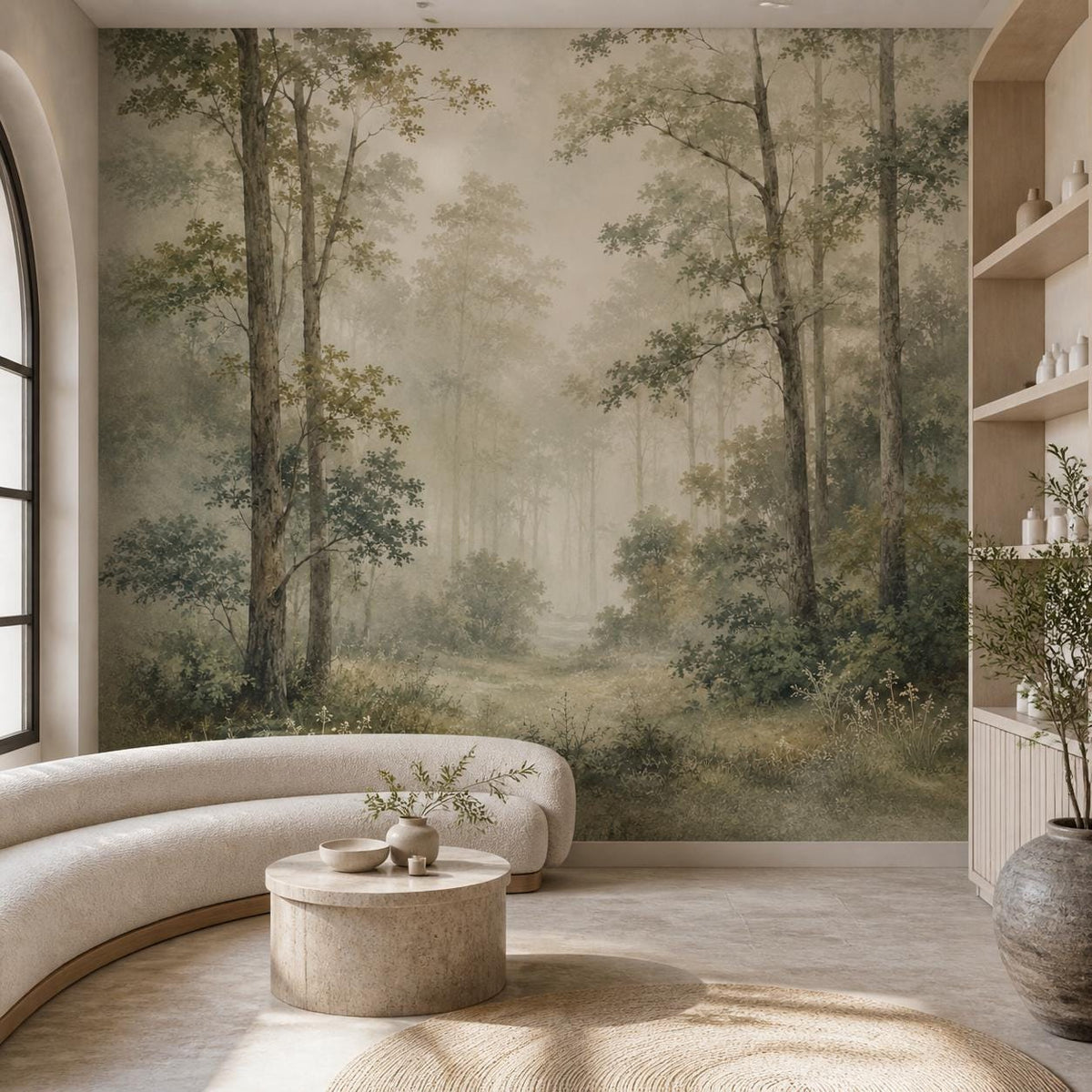 Misty woodland wallpaper styled in a cozy reading nook with warm lighting and natural wood furniture