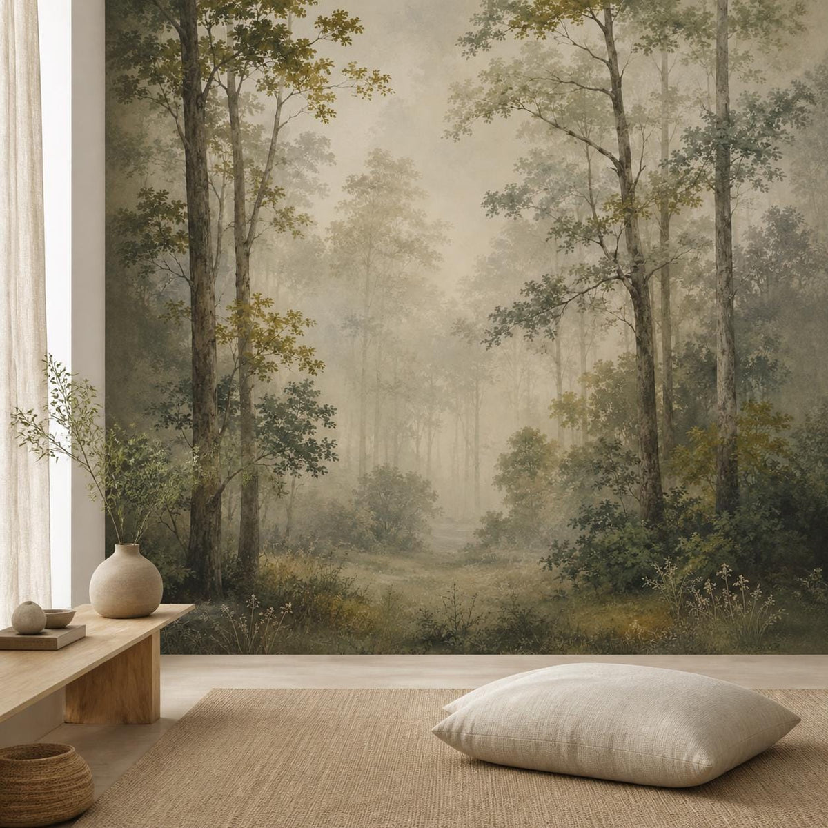 Detailed texture shot of foggy forest wall mural highlighting the organic modern print quality