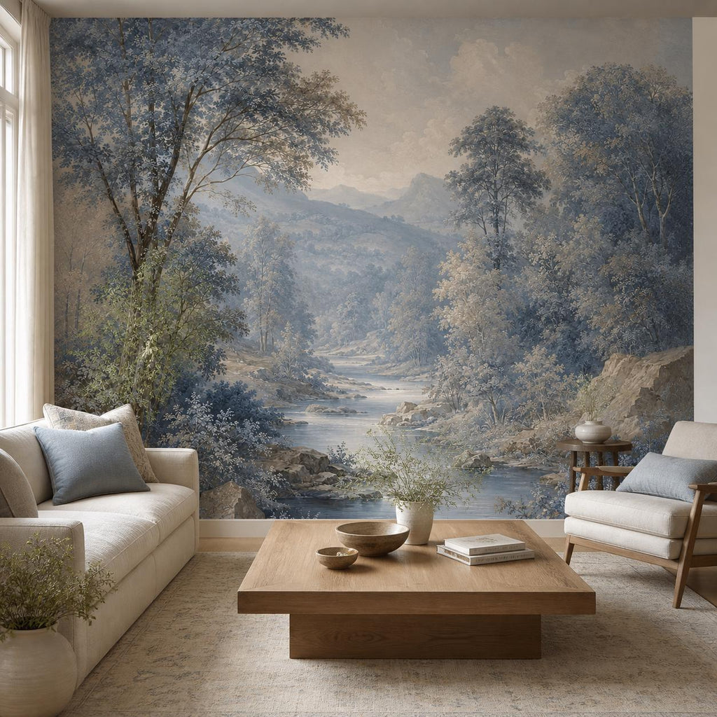 Blue forest wallpaper with powder blue river landscape and misty woodland trees for quiet luxury bedroom decor