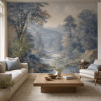 Blue forest wallpaper with powder blue river landscape and misty woodland trees for quiet luxury bedroom decor