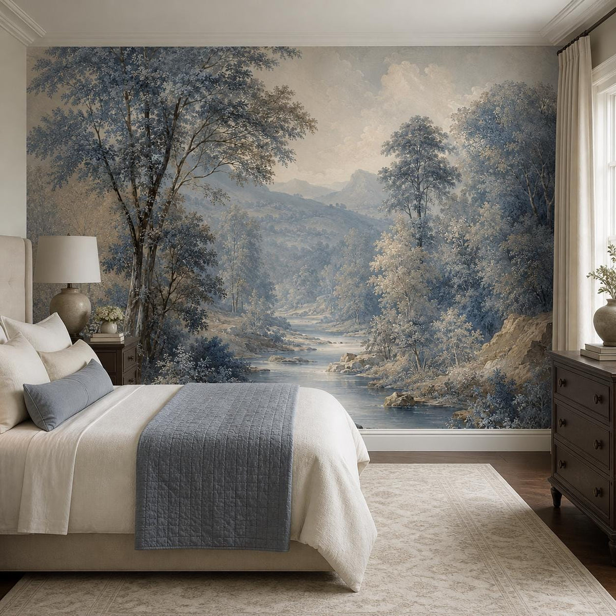 Powder blue landscape wallpaper with tall forest trees reflected in a calm scenic river for bedroom walls