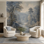 Blue woodland mural installed in a quiet luxury bedroom with neutral furniture and traditional decor accents