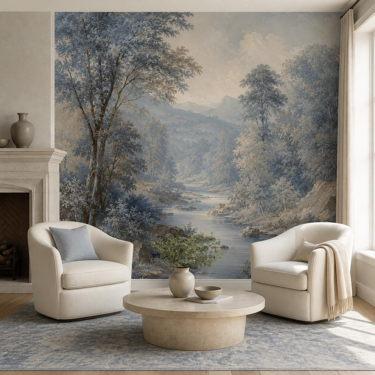 Blue woodland mural installed in a quiet luxury bedroom with neutral furniture and traditional decor accents