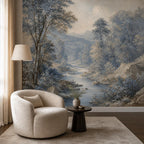 Full wall installation of blue forest wallpaper showing seamless pattern repeat across a large bedroom wall