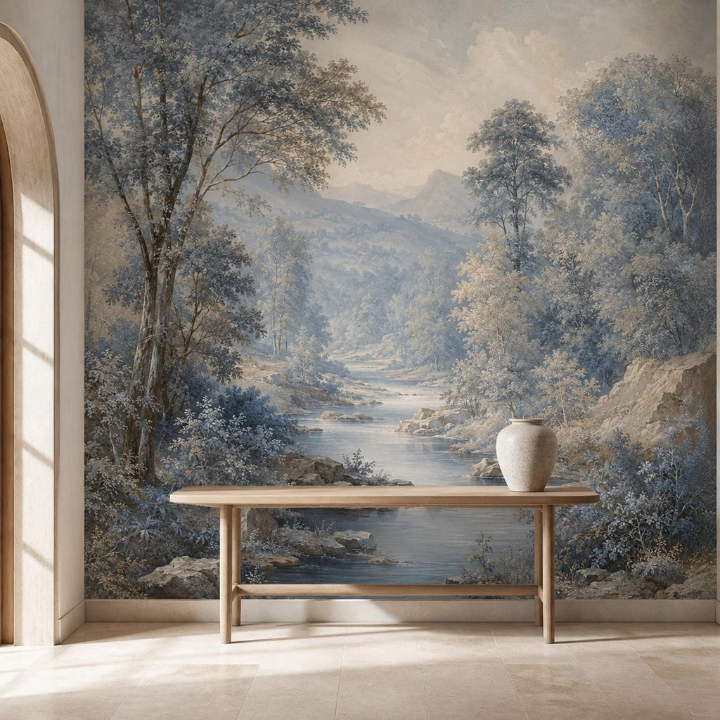 Size and scale chart for powder blue landscape wallpaper mural showing panel widths and repeat measurements