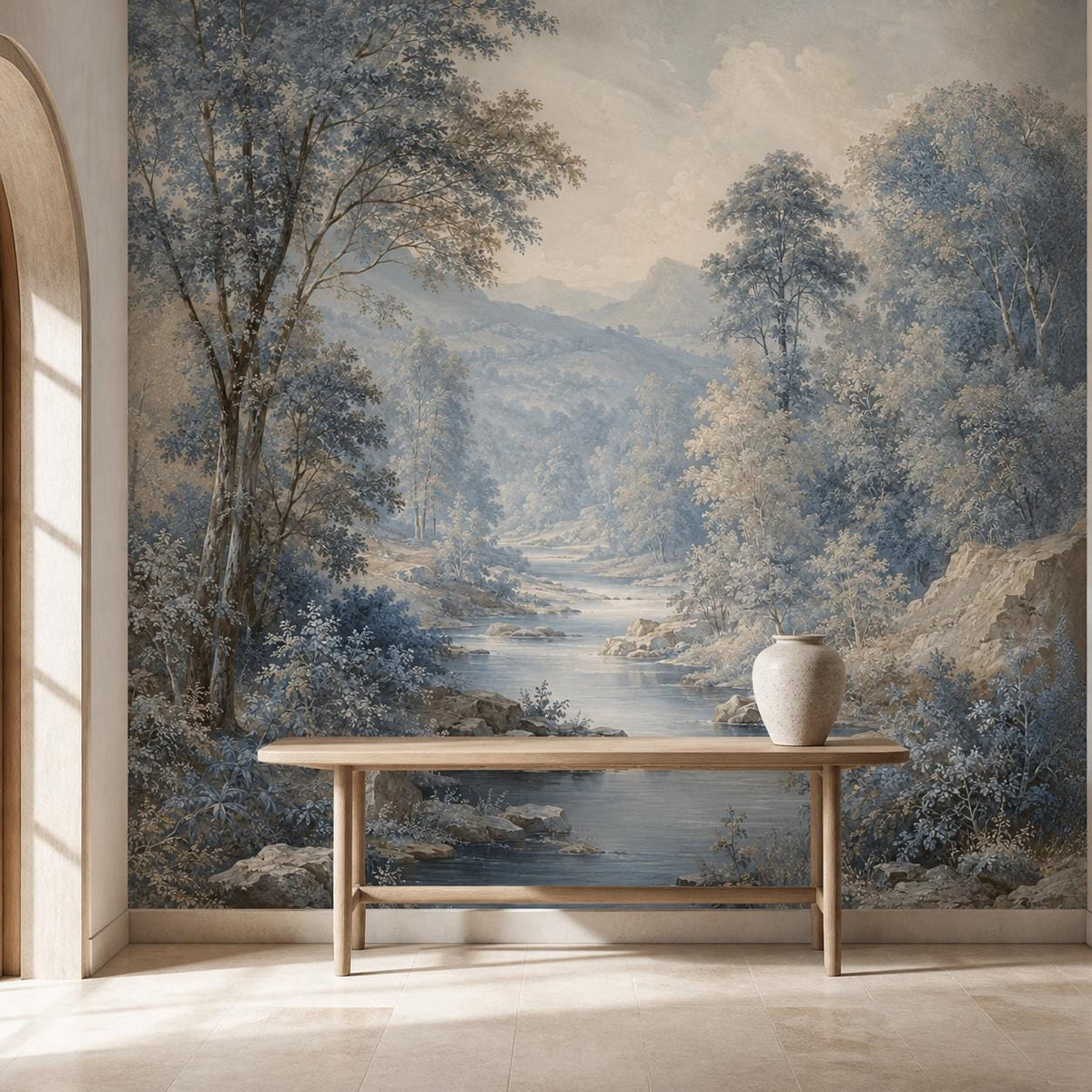 Size and scale chart for powder blue landscape wallpaper mural showing panel widths and repeat measurements