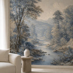 Peel and stick blue wallpaper mural being applied to bedroom wall showing easy removable installation steps