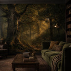 Dark forest wallpaper mural with golden light filtering through moody woodland trees, peel and stick decor