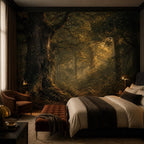 Full wall dark forest mural in a living room creating a rustic luxury statement wall atmosphere