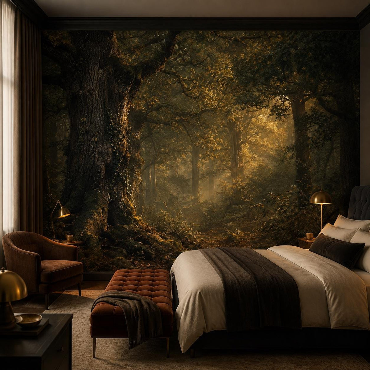 Full wall dark forest mural in a living room creating a rustic luxury statement wall atmosphere