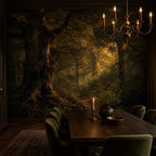 Enchanted forest wall mural panel layout showing full repeat pattern and dark green color depth
