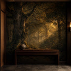 Dark forest peel and stick mural applied to an accent wall in a modern rustic dining room space