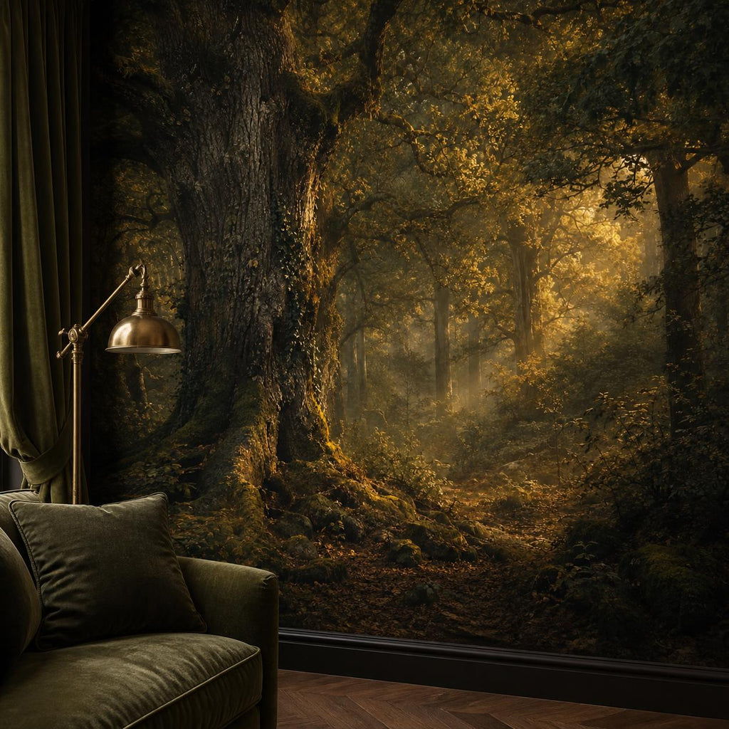 Step by step peel and stick installation graphic for woodland wall mural with alignment instructions