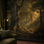 Step by step peel and stick installation graphic for woodland wall mural with alignment instructions