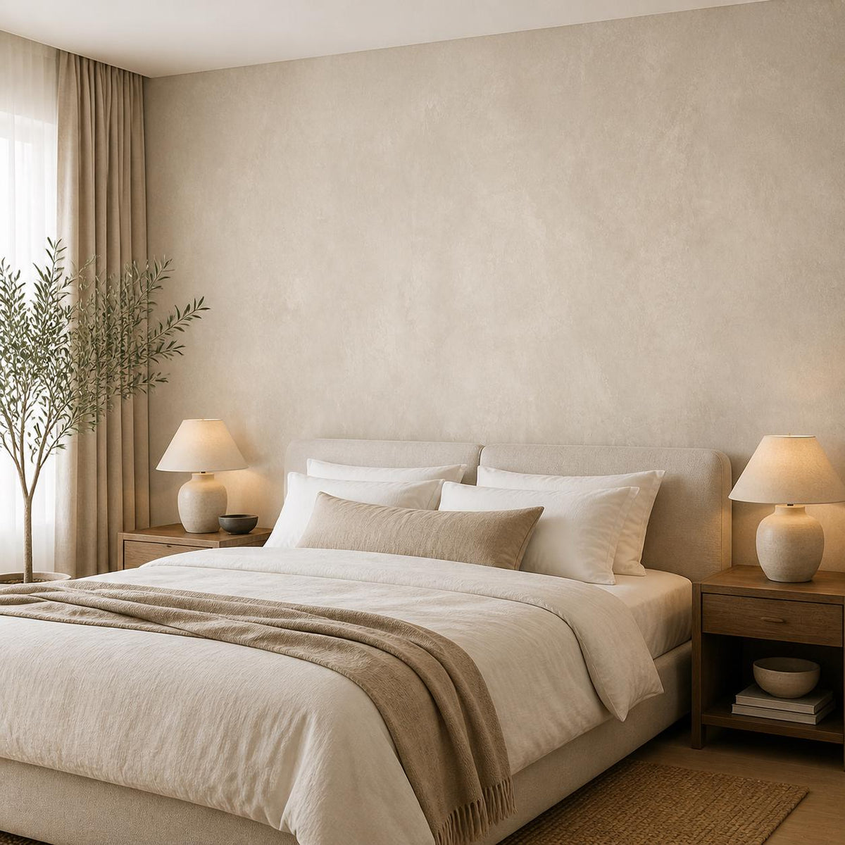 Greige limewash wallpaper with soft neutral plaster texture for minimalist and organic modern interiors