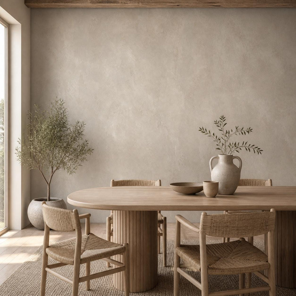 Detail shot of limewash wallpaper surface showing layered brushstroke texture in earthy beige and taupe