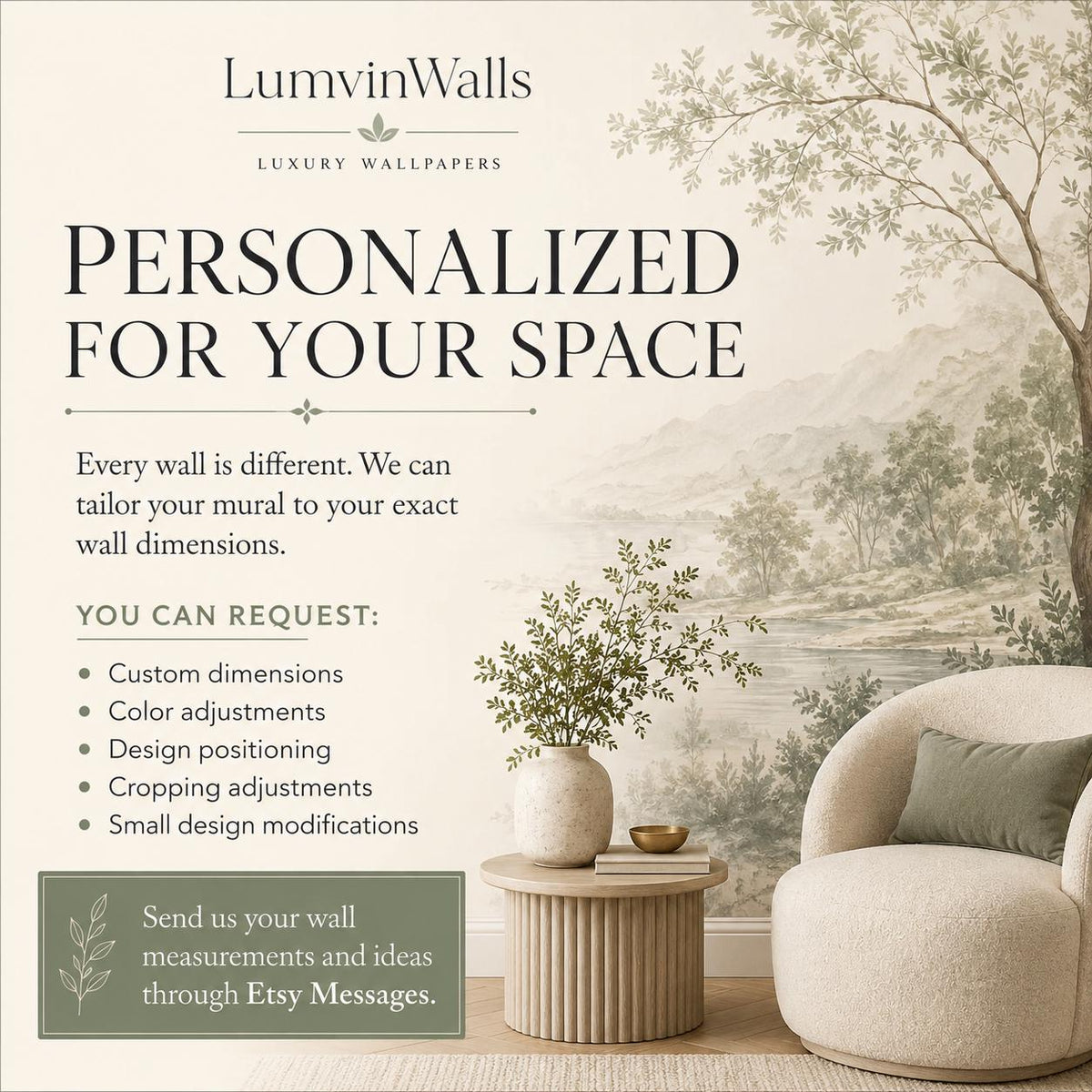 Material and finish information graphic for neutral textured limewash peel and stick wallpaper panels