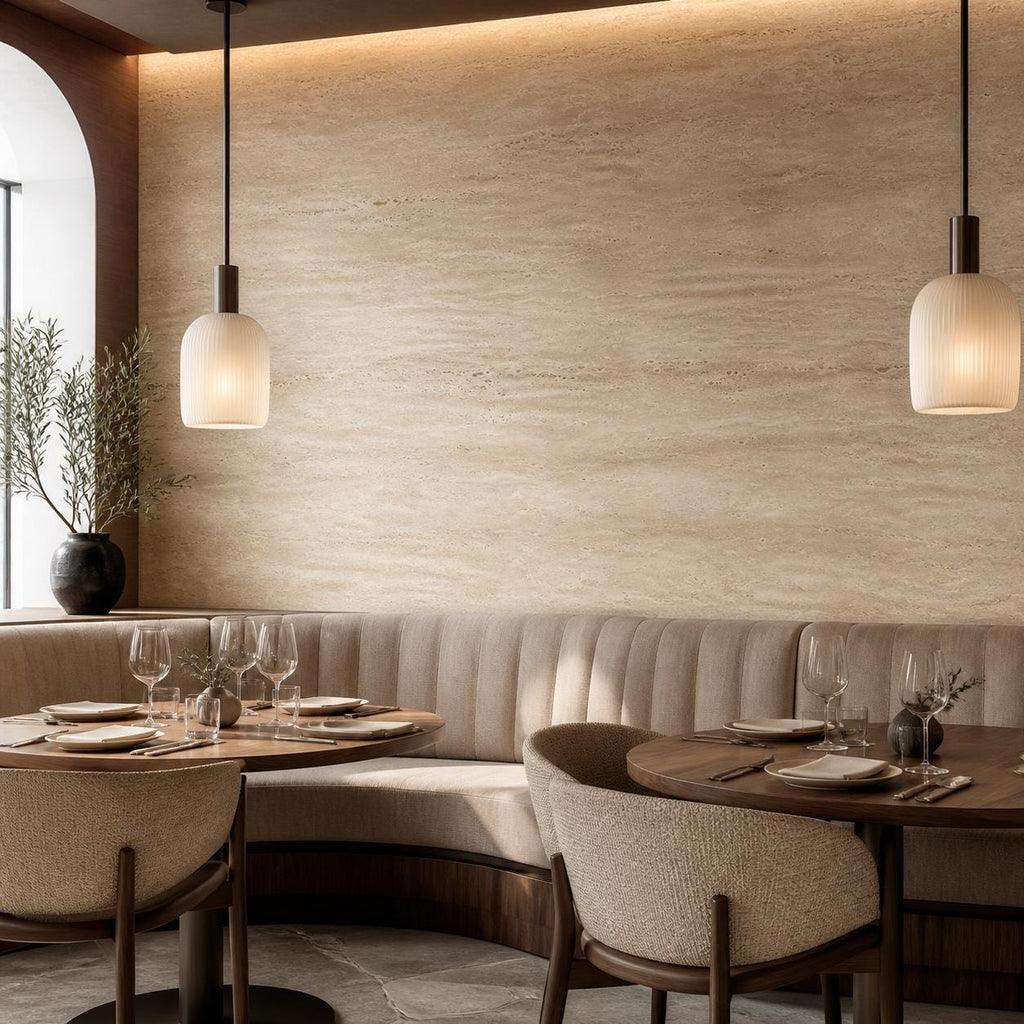 Travertine wallpaper in warm beige stone texture, peel and stick Italian plaster wall mural for organic modern interiors
