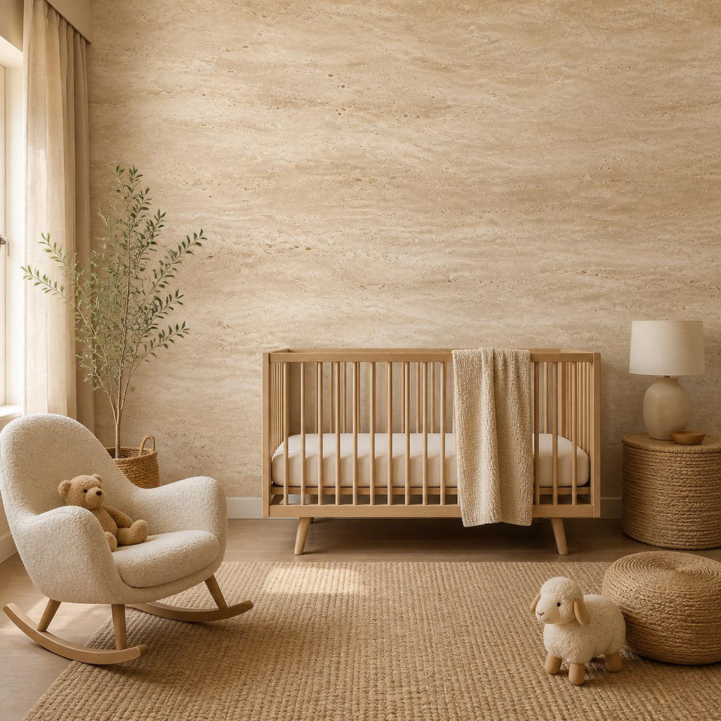 Italian plaster wall mural with soft warm tones installed in a bright minimalist living room with neutral decor