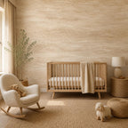 Italian plaster wall mural with soft warm tones installed in a bright minimalist living room with neutral decor