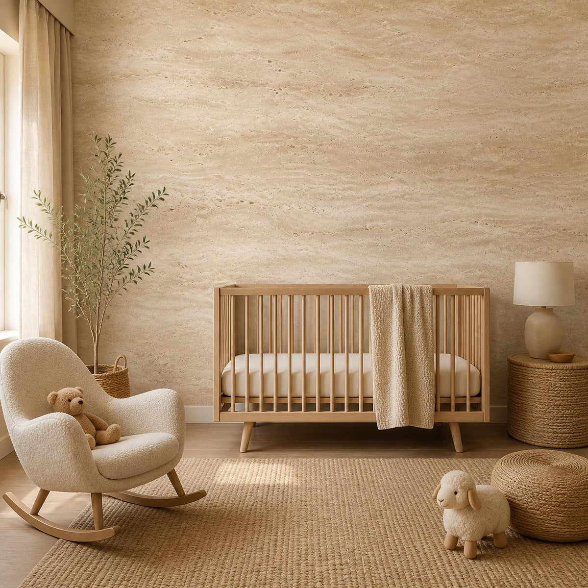 Italian plaster wall mural with soft warm tones installed in a bright minimalist living room with neutral decor