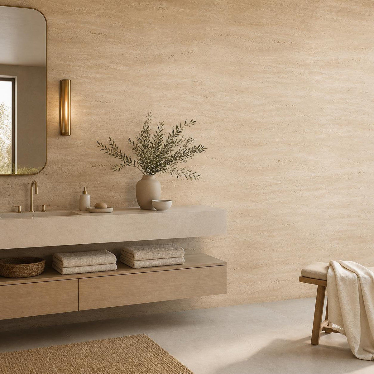 Peel and stick travertine wallpaper accent wall behind a linen sofa in a warm minimalism styled sitting room