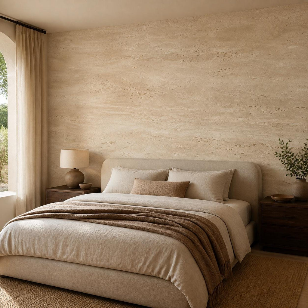 Size and scale chart for travertine wallpaper panels showing dimensions, repeat pattern, and coverage per roll