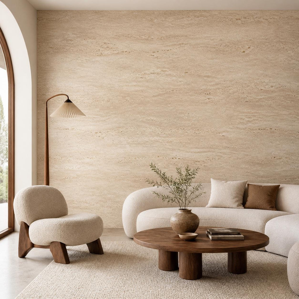 Extreme close-up of limestone decor wallpaper texture highlighting the organic plaster surface detail and tonal variation