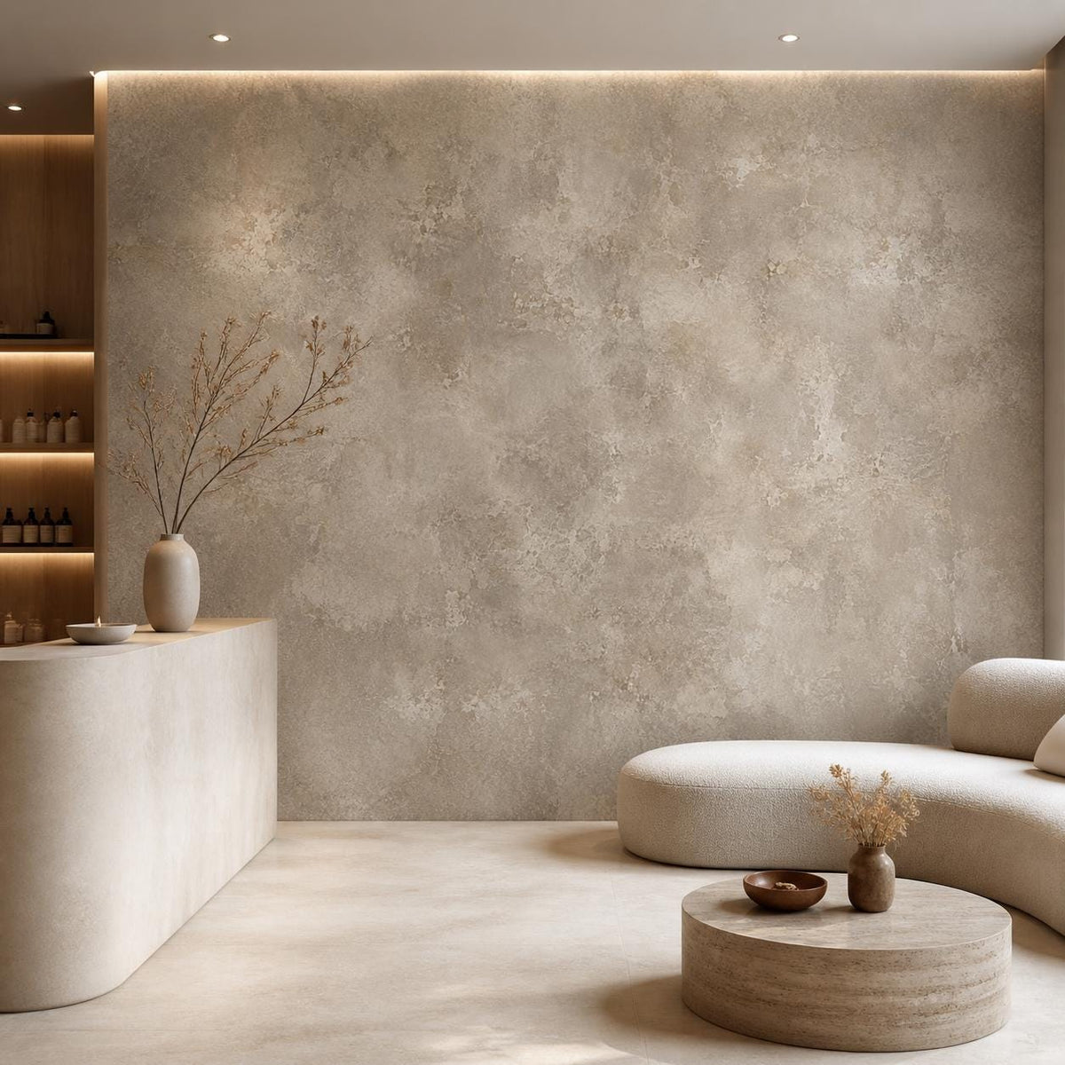 Taupe plaster wallpaper with soft mushroom beige texture, organic modern peel and stick design for quiet luxury walls