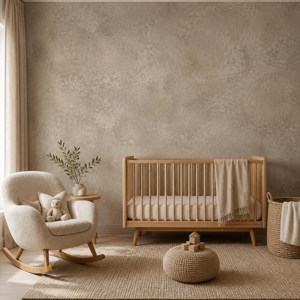 Close view of mushroom beige plaster wallpaper texture showing subtle variation and organic modern surface detail