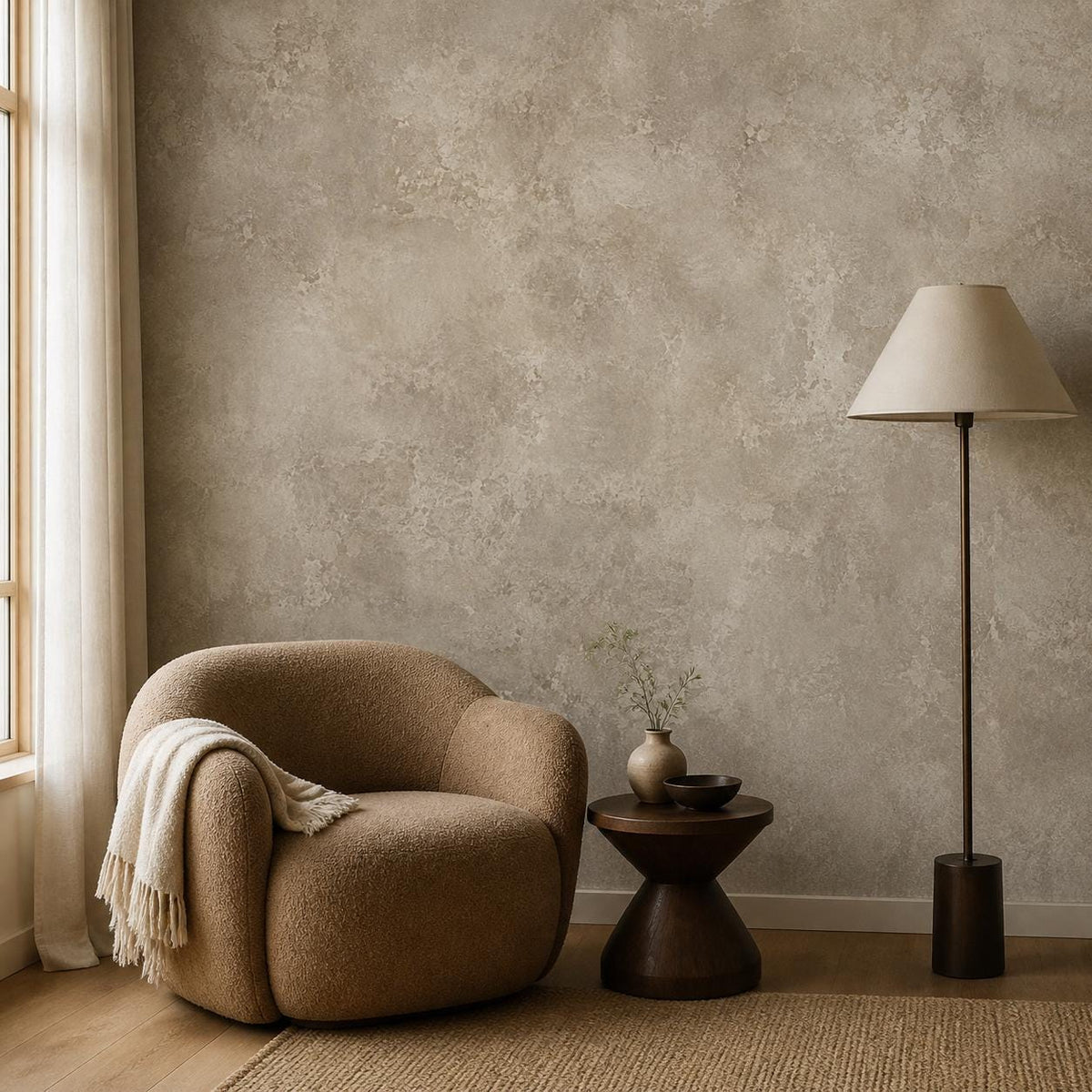 Full wall of aged European plaster wallpaper in a minimalist dining room with quiet luxury neutral decor