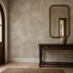 Taupe textured wallpaper panel laid flat showing mushroom beige plaster pattern and peel and stick backing