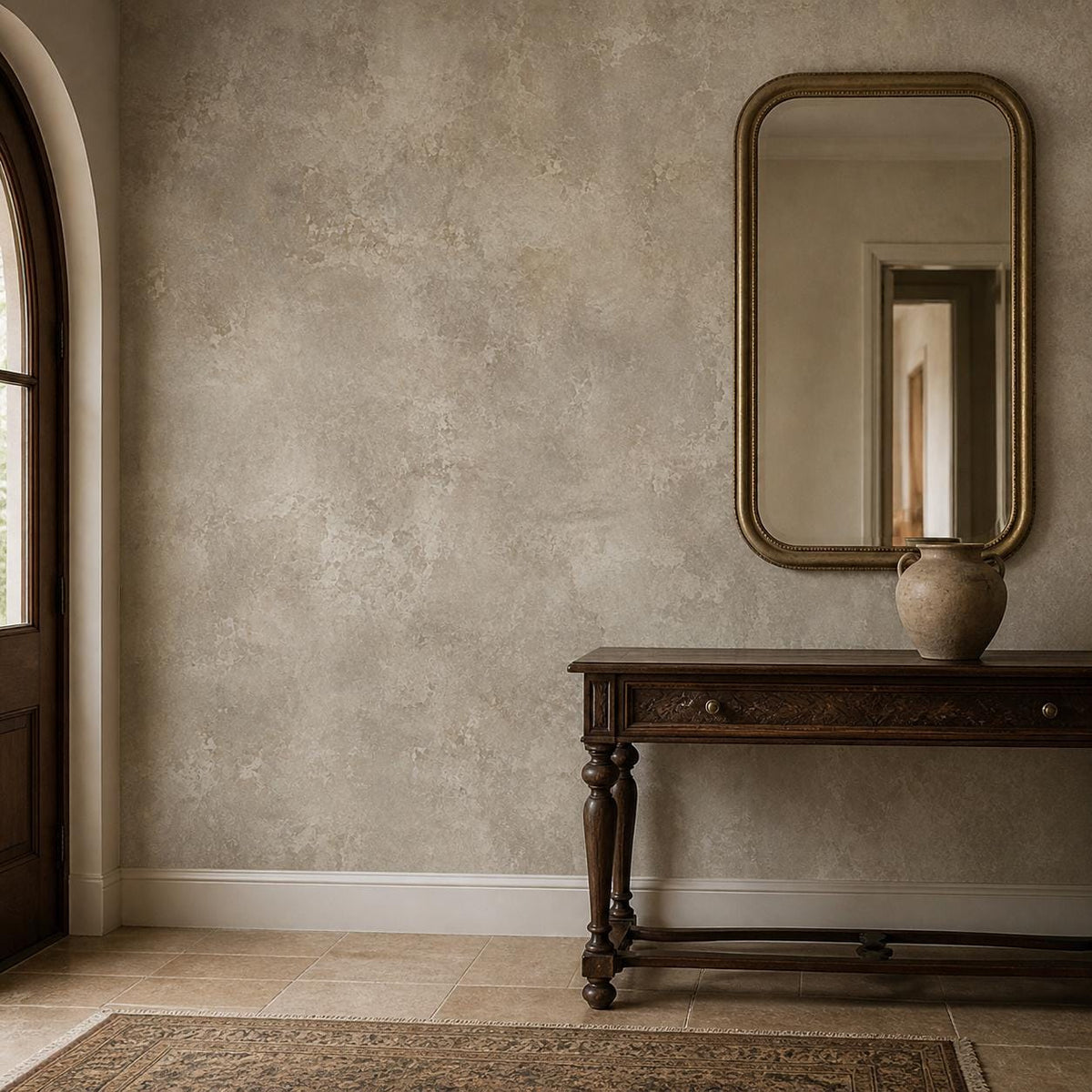 Taupe textured wallpaper panel laid flat showing mushroom beige plaster pattern and peel and stick backing