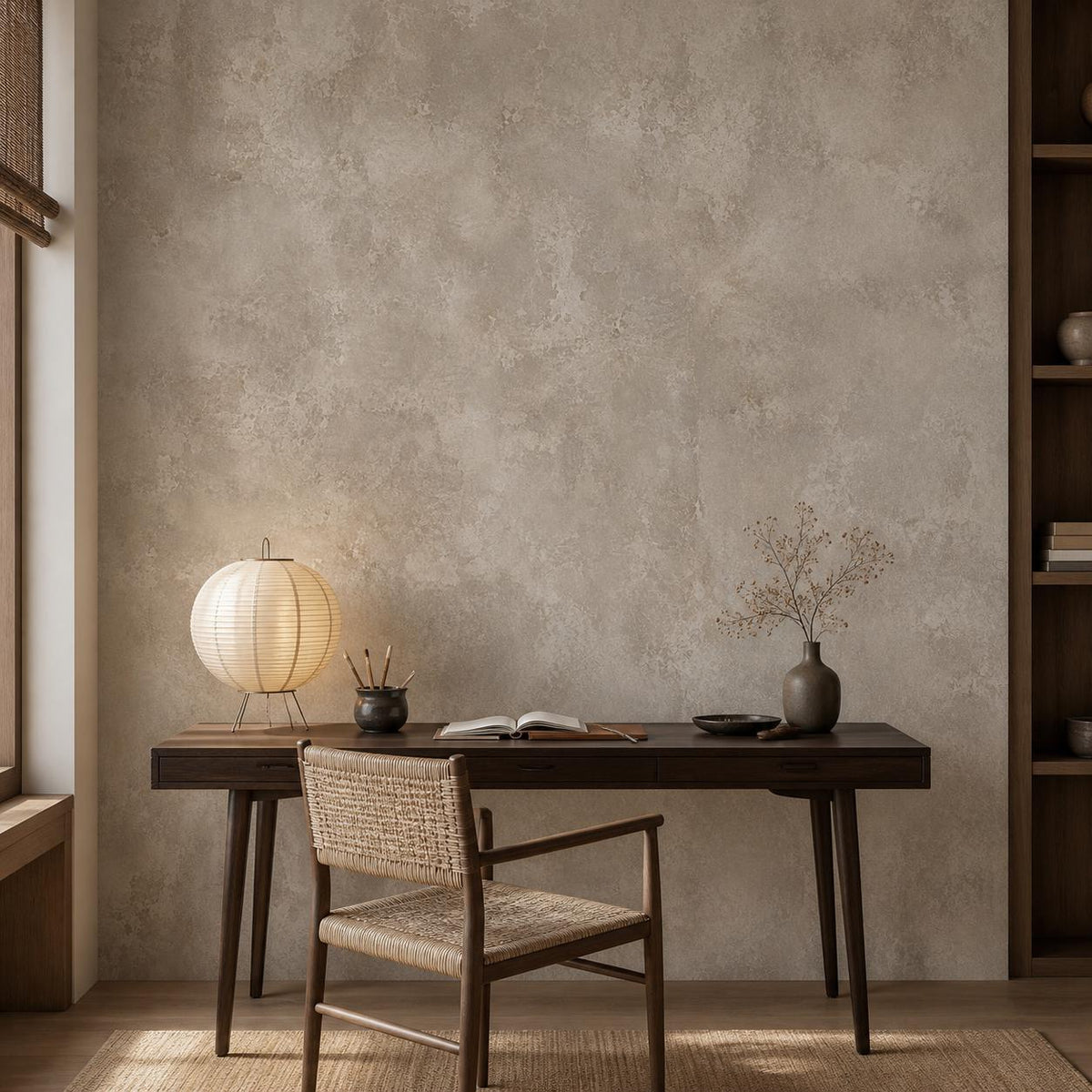 Corner detail of greige plaster wallpaper with soft tonal shifts evoking aged European walls and organic texture