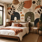 Close view of retro wallpaper showing abstract organic shapes in warm terracotta tones with sage green accents