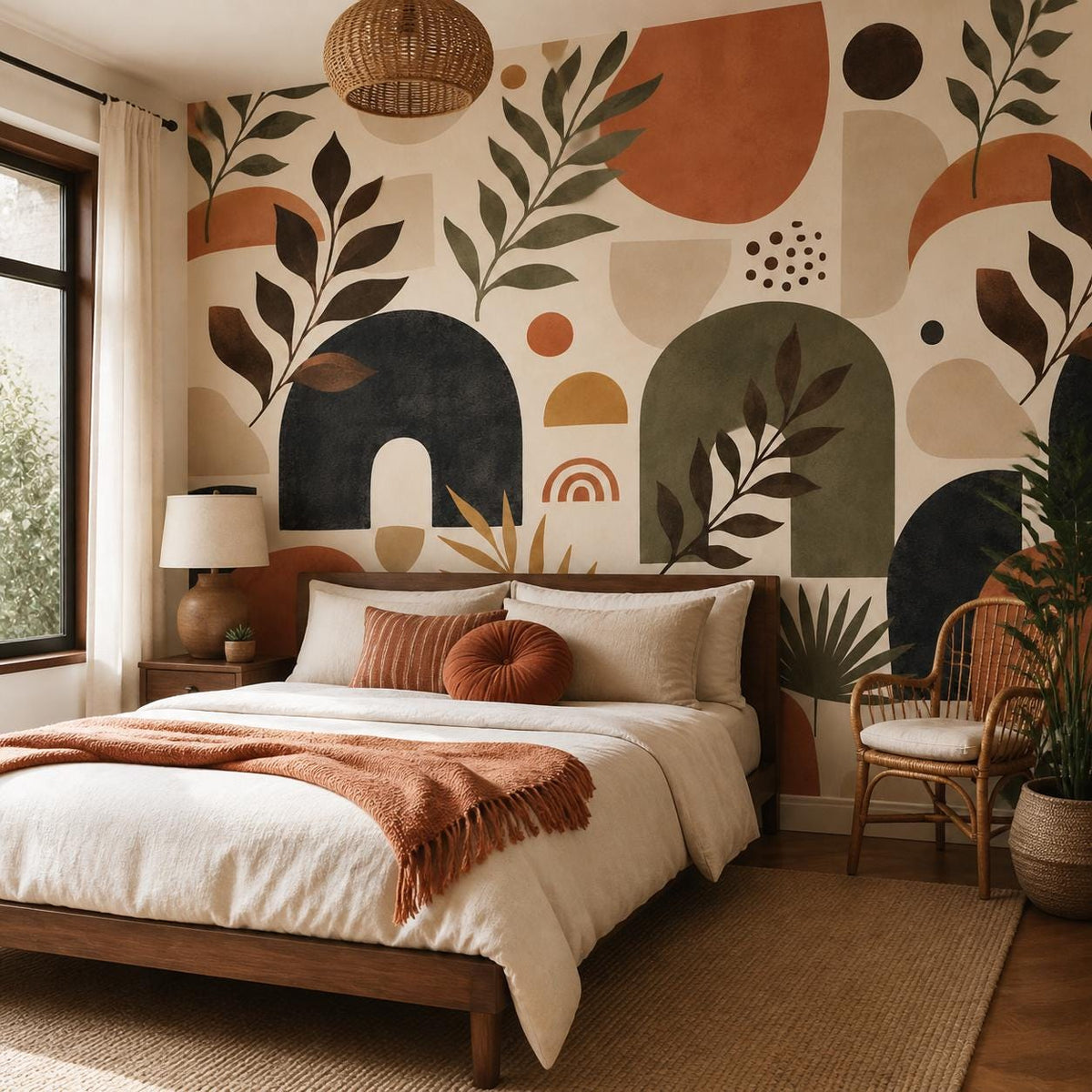Close view of retro wallpaper showing abstract organic shapes in warm terracotta tones with sage green accents
