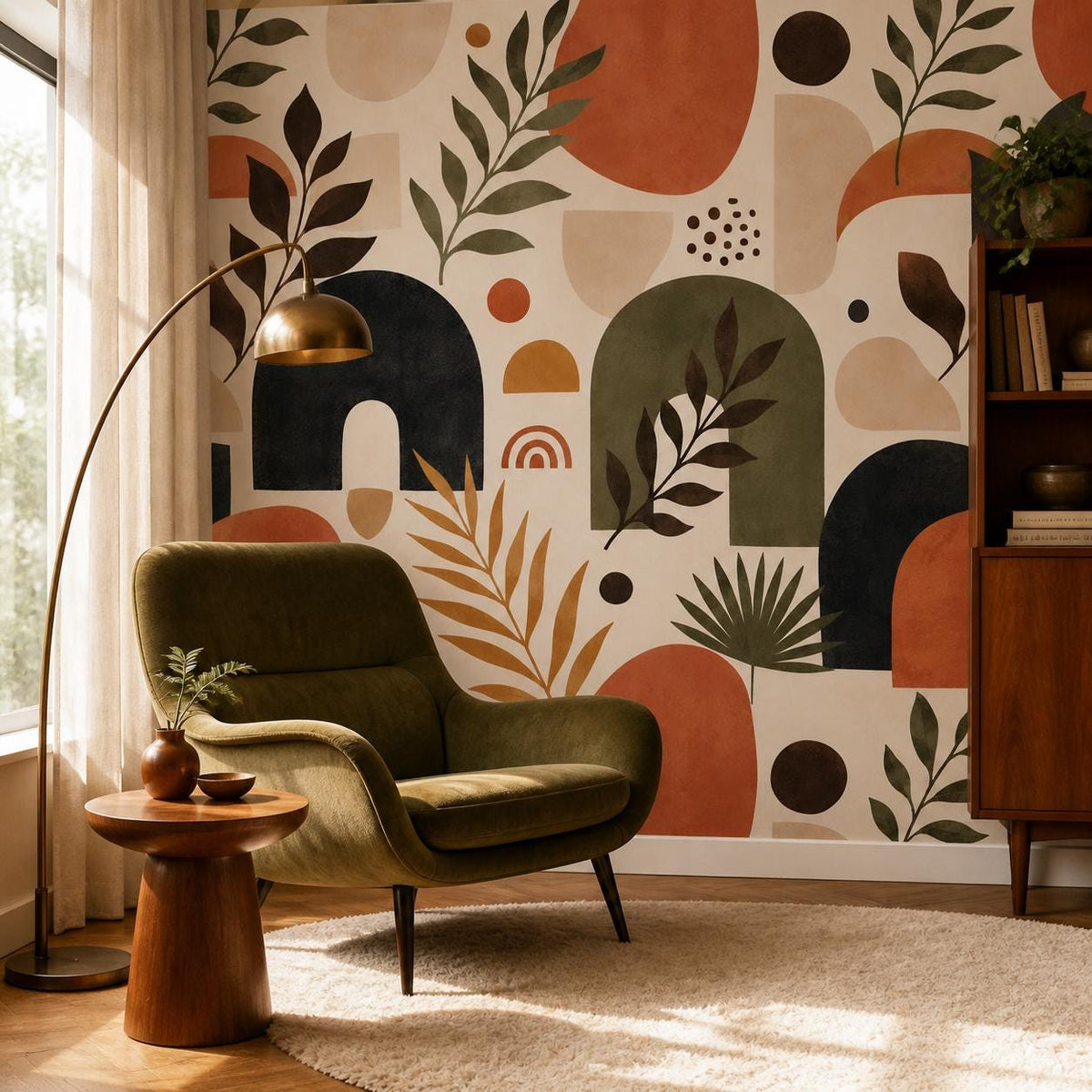 70s wallpaper panel laid flat displaying full repeat of botanical geometric pattern in terracotta and olive green