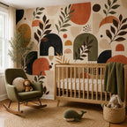 Boho bedroom wall with peel and stick retro wallpaper in earthy terracotta geometric botanical pattern