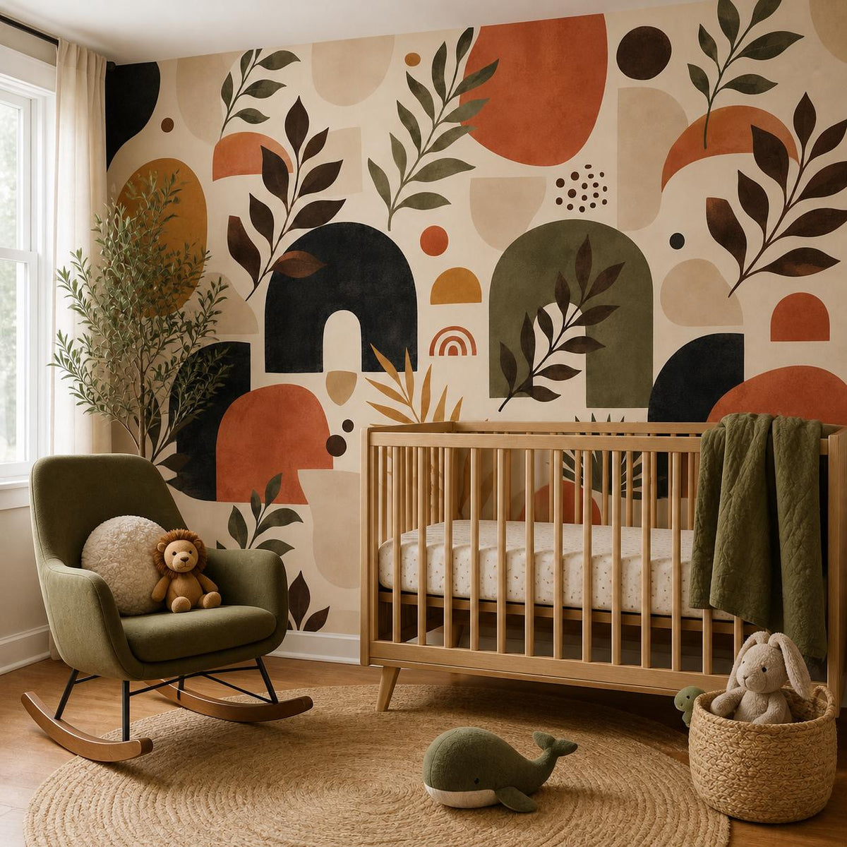 Boho bedroom wall with peel and stick retro wallpaper in earthy terracotta geometric botanical pattern