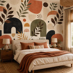 Detail shot of abstract botanical shapes on mid century green retro wallpaper with textured matte finish