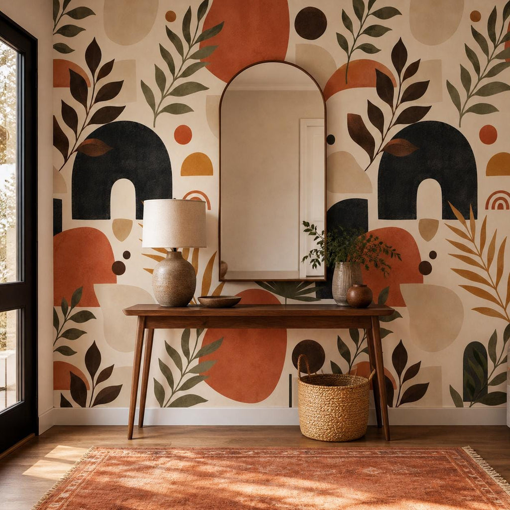 Scale reference chart showing repeat dimensions of terracotta geometric wallpaper pattern next to common objects