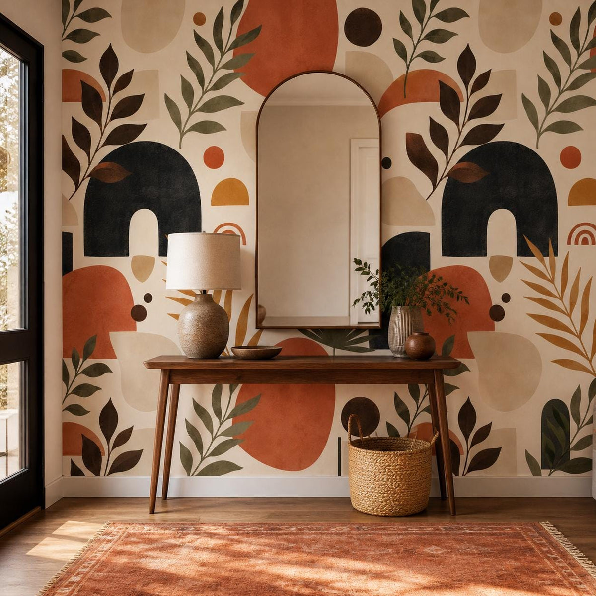 Scale reference chart showing repeat dimensions of terracotta geometric wallpaper pattern next to common objects