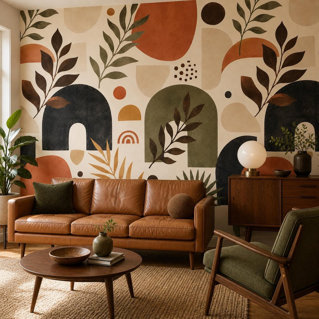 Close up texture of modern wallpaper surface revealing retro geometric botanical detail in terracotta hues