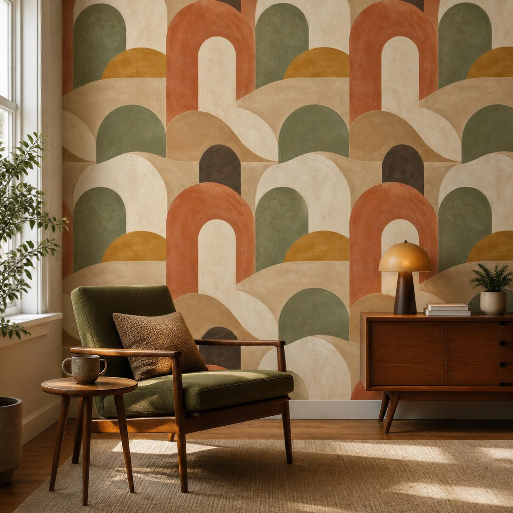 Mid century modern living room accent wall with retro arch wallpaper in earthy boho tones