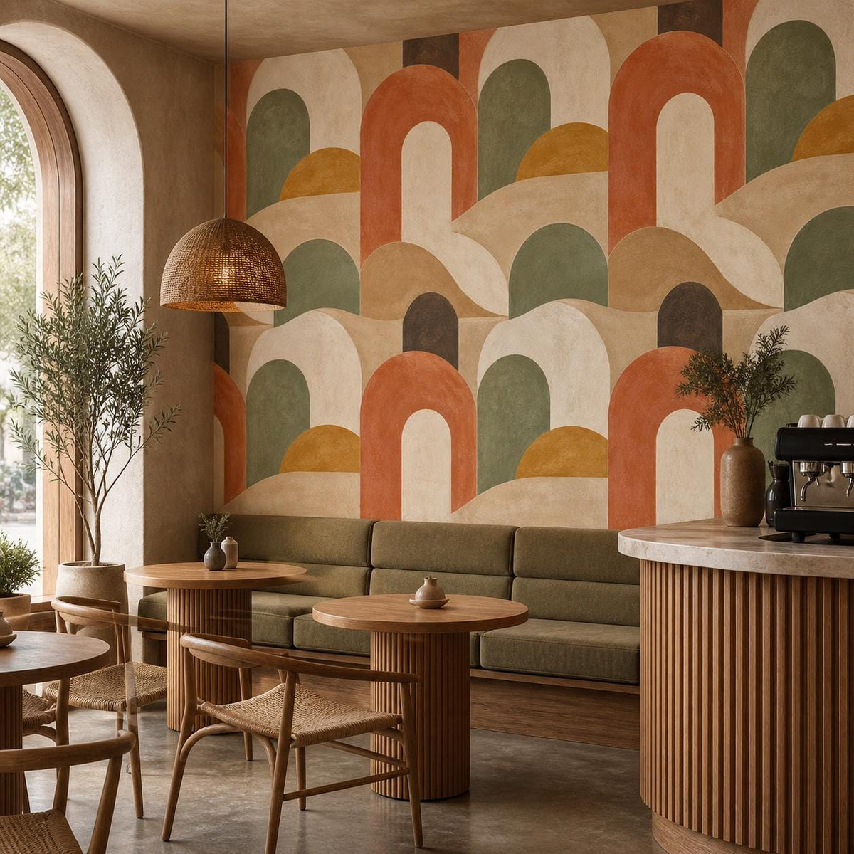 Sage wallpaper with bold retro geometric arches creating a warm neutral statement wall in bedroom